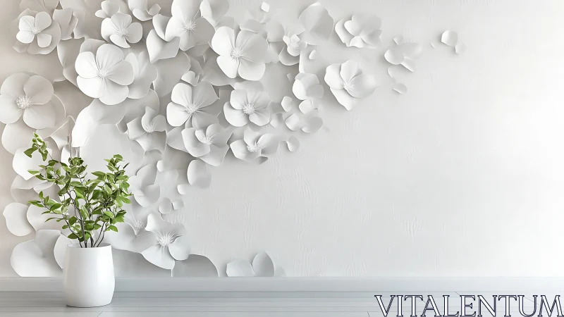 White floral wall relief with potted plant in foreground.