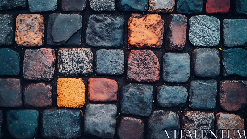Multicolored cobblestone pavement with uniform grid layout.