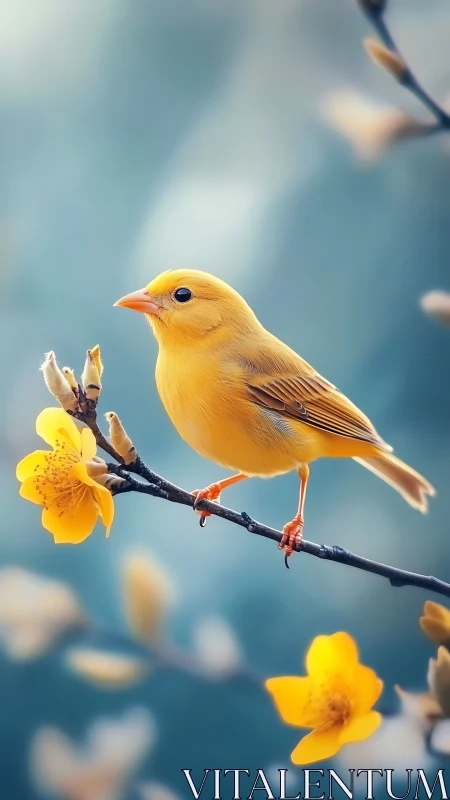 Golden songbird perches on blooming branch in soft focus.