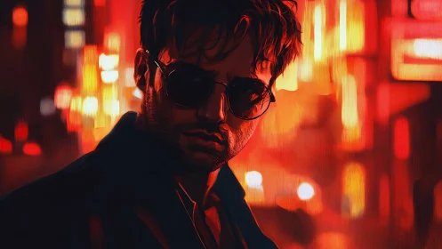 Neon city burns quietly behind the man in dark shades