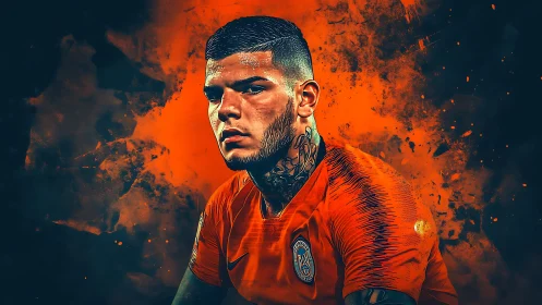 Fiery football portrait glows with bold orange intensity