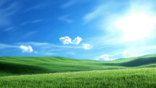 Sunlit green hills under vivid clear blue summer sky.