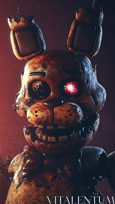 Rusted animatronic rabbit with burning cybernetic eye