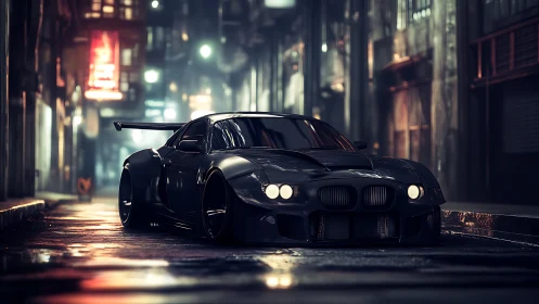 Midnight widebody street racer in cinematic neon alley.
