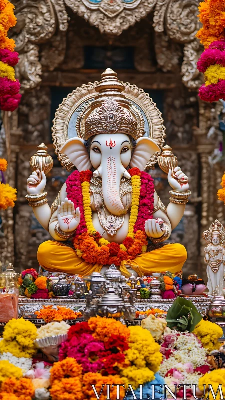 Golden Ganesha amid marigold thunder and temple shimmer.