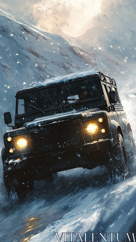 Headlights roar through a blizzard-bitten mountain pass.