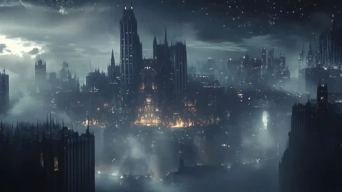 Nocturnal neo-gothic megacity in volumetric storm haze.