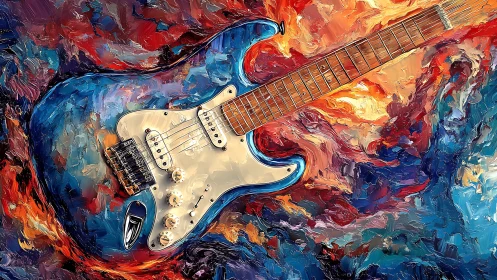 Electric guitar floats in swirling, fiery abstract color storm