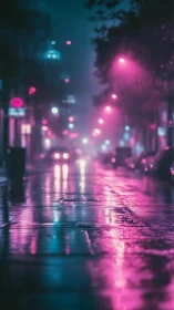 Neon lights reflect on wet city street during rainfall at night