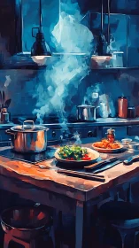 Steaming pots and plated meal in moody blue kitchen scene.