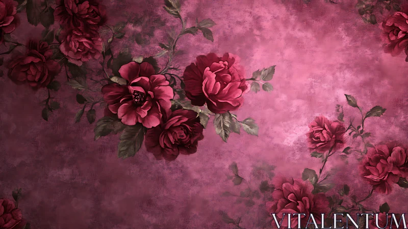 Vintage Botanical Composition With Layered Rose Petals In Deep Magenta Chromatic Field.