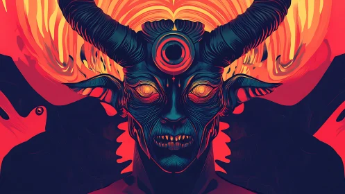 Demonic horned figure rendered in neon, high-contrast colors.