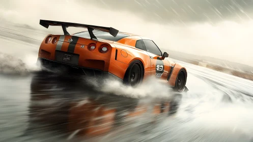 Orange Nissan GT-R drifts on wet track in dynamic motion study