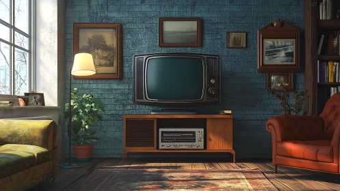 Retro living room with vintage TV and teal textured wall.