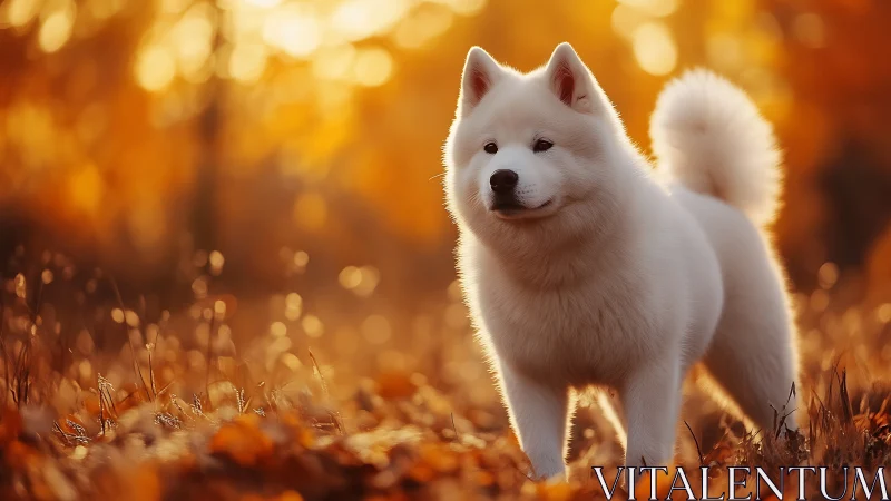 White fluffy dog standing in warm autumn sunset field.