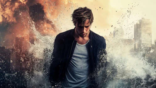 Brooding man stands amid crashing waves and burning city.