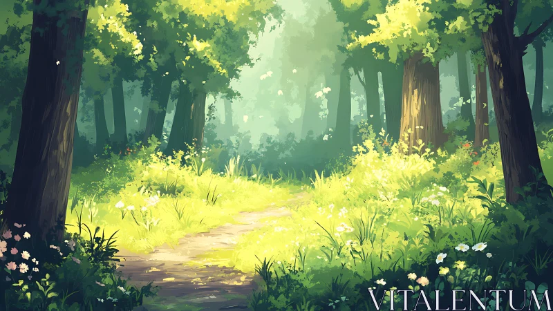 Forest pathway through sunlit woodland clearing.