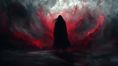 Dark cloaked figure within swirling red stormscape.