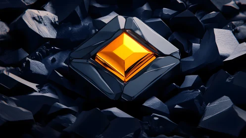 Futuristic glowing yellow crystal set in dark geometric rocks, digital art.