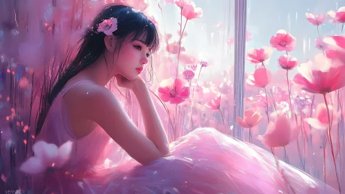 Dreamy girl adrift in a glowing meadow of pink echoes.