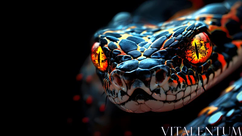 Striking close-up of a vivid snake with glowing orange eyes, digital art.