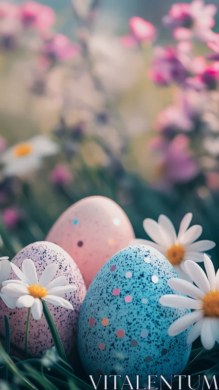 Speckled pastel eggs sit among daisies in soft spring light