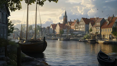 Evening canal harbor with moored wooden sailboats and townhouses