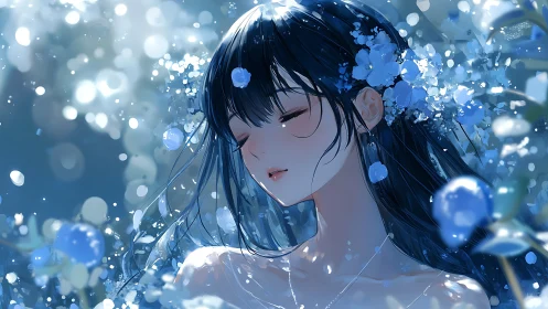 Blue-lit anime portrait of serene girl amid floating blossoms