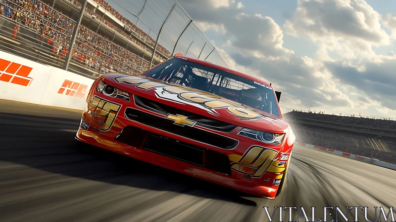 Scarlet stock car slingshots through a sunlit speedway.