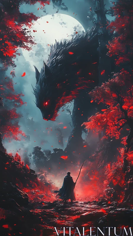 Lone cloaked warrior confronts giant wolf spirit under moon.