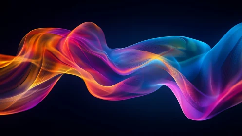 Multicolored translucent waveforms traverse a dark background