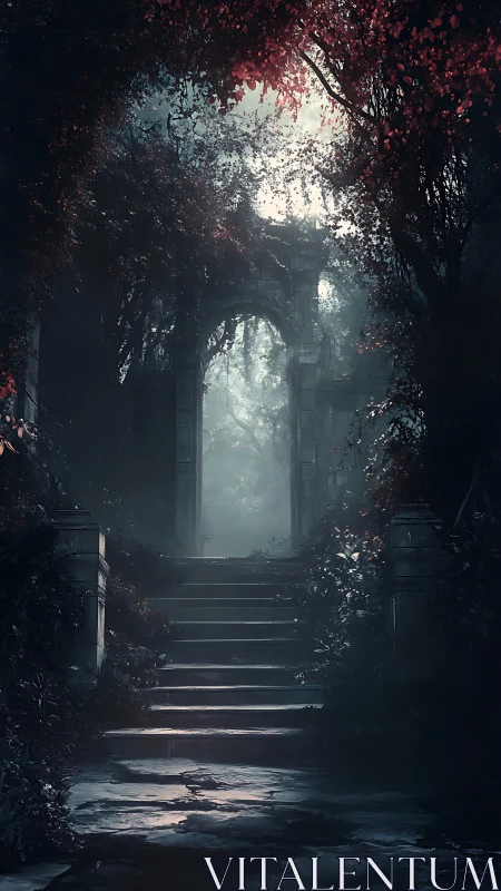 Haunted stone stairway beneath overgrown forest archway.