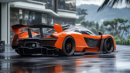 Orange hypercar showcases aggressive rear aero by villa terrace