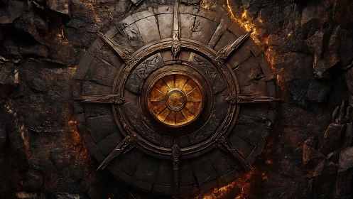 Ancient metallic vault door with radial golden core detail.