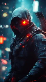 Cybernetic hooded operative stands in neon urban backlight