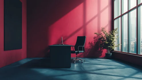Minimalist office interior with desk, chair and window light.