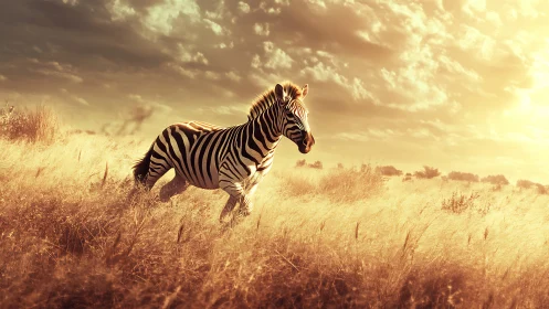 Striped wanderer gallops through a sun-drenched savanna dream