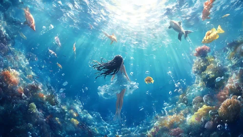 Girl drifts through sunlit underwater world of coral life.