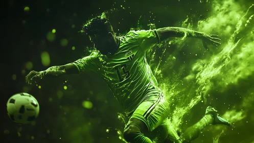 Electric green striker caught in a burst of motion and light.