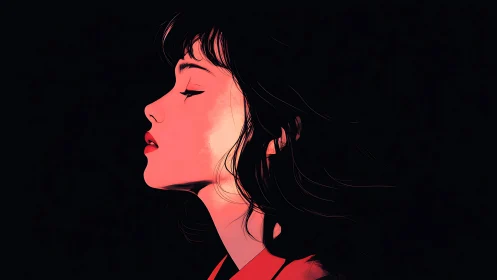 Profile portrait in red light on deep black background.