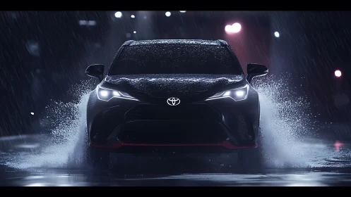 Sleek black Toyota carving bold paths through midnight rain.