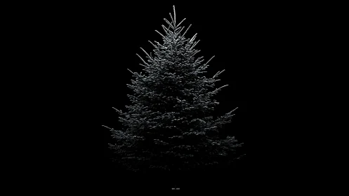 Snow dusted fir tree glows against pure black void.