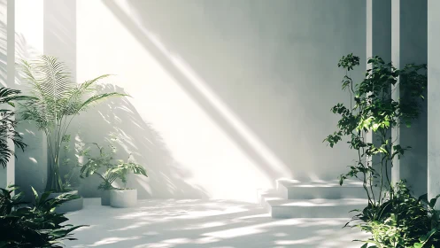 Sunlit stairway garden where quiet leaves rehearse light.