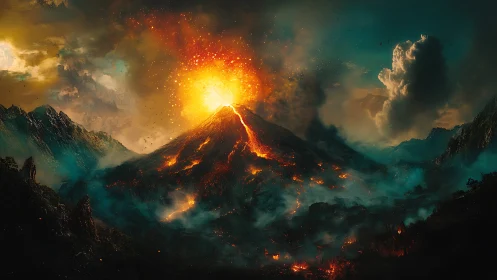 Volcanic cone erupts violently against storm-laden twilight sky