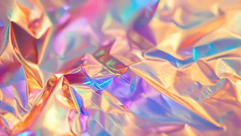 Iridescent folded foil surface in prismatic gradient hues.