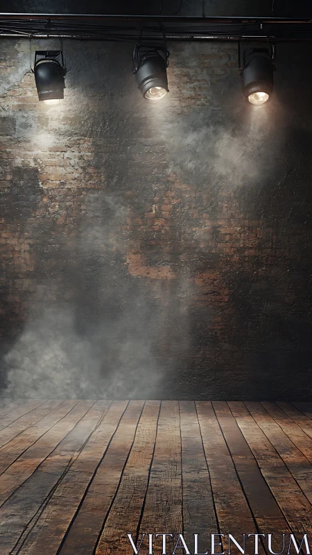 Empty wooden stage with brick backdrop under spotlights.