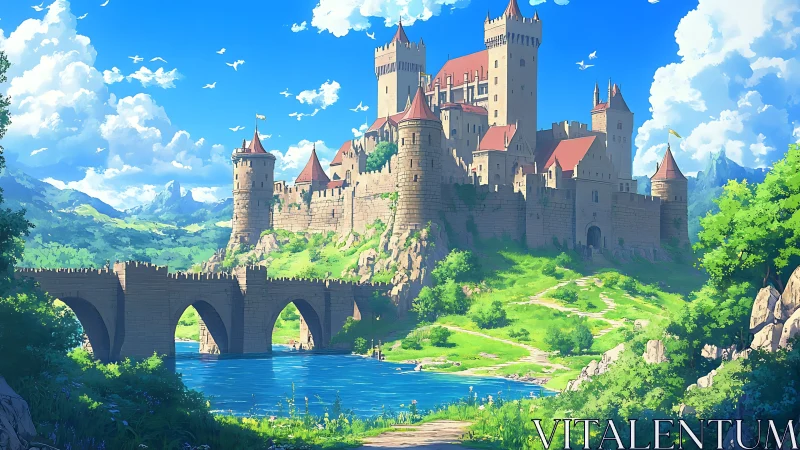 Sunlit medieval riverside castle in vibrant pastoral valley.