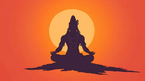 Silhouette of seated figure meditating before circular sun.