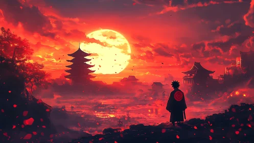 Lone wanderer watching a blazing red fantasy sunset cityscape.