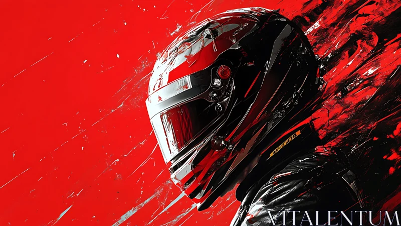 Motorcycle helmet profile rendered against dynamic red field